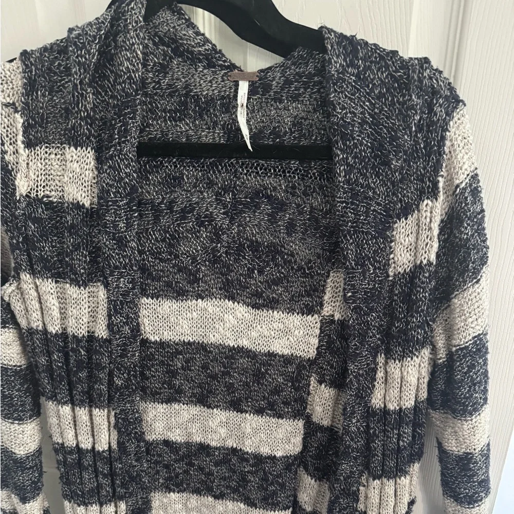 Free People Navy Blue Oatmeal Striped Free Spirit Open Front Duster Cardigan - Picture 5 of 10